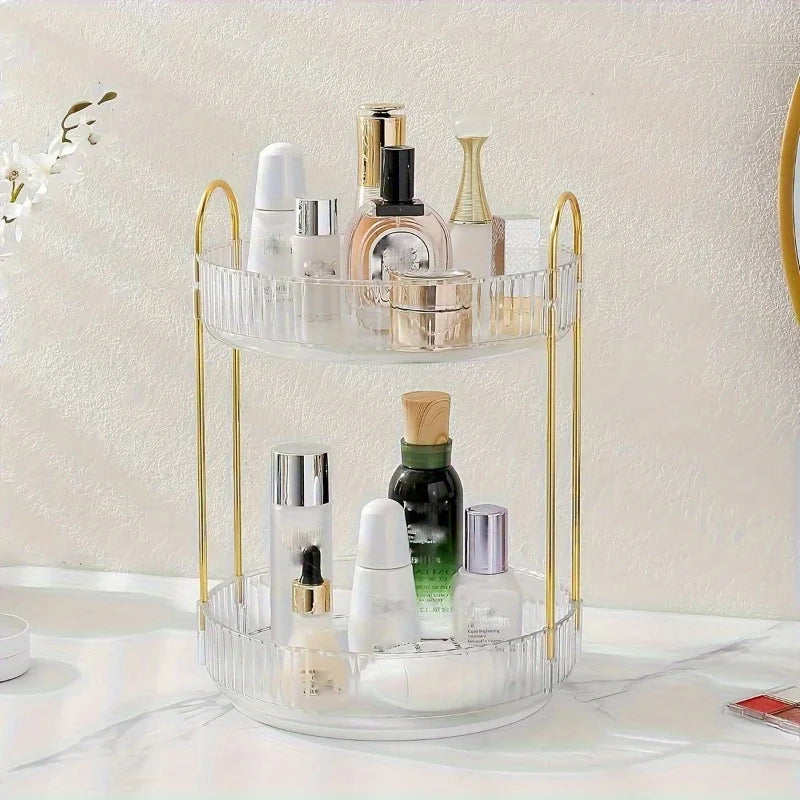 Sleek 2-Tier Rotating Makeup Organizer, Plastic Vanity Tray with Golden Accents, Perfect for Bathroom Cabinets & Desk Storage
