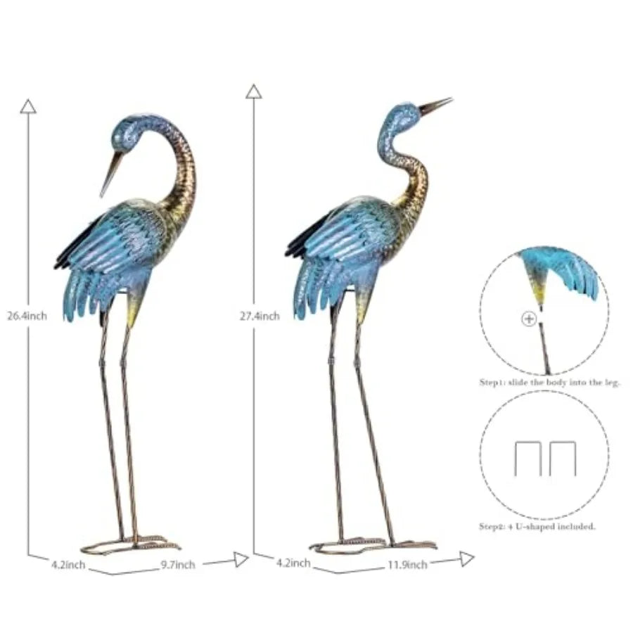 Garden Crane Statues Outdoor, Standing Blue Decoy Sculptures, Metal Bird Yard Art for Lawn Patio Backyard Decoration Set of 2