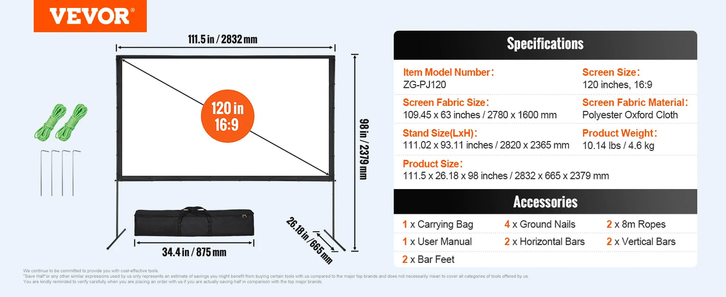SucceBuy Projector Screen with Stand 100 120 150 inch 16:9 4K 1080 HD Portable Projection Screen for Home Office Theater Cinema