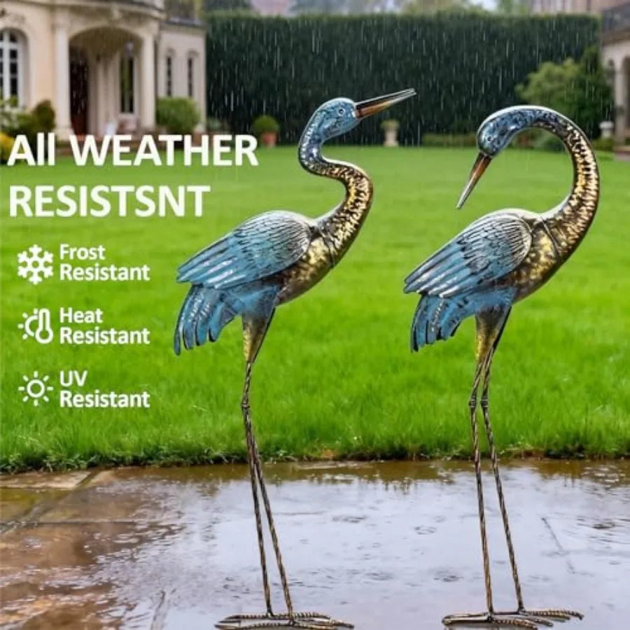 Garden Crane Statues Outdoor, Standing Blue Decoy Sculptures, Metal Bird Yard Art for Lawn Patio Backyard Decoration Set of 2