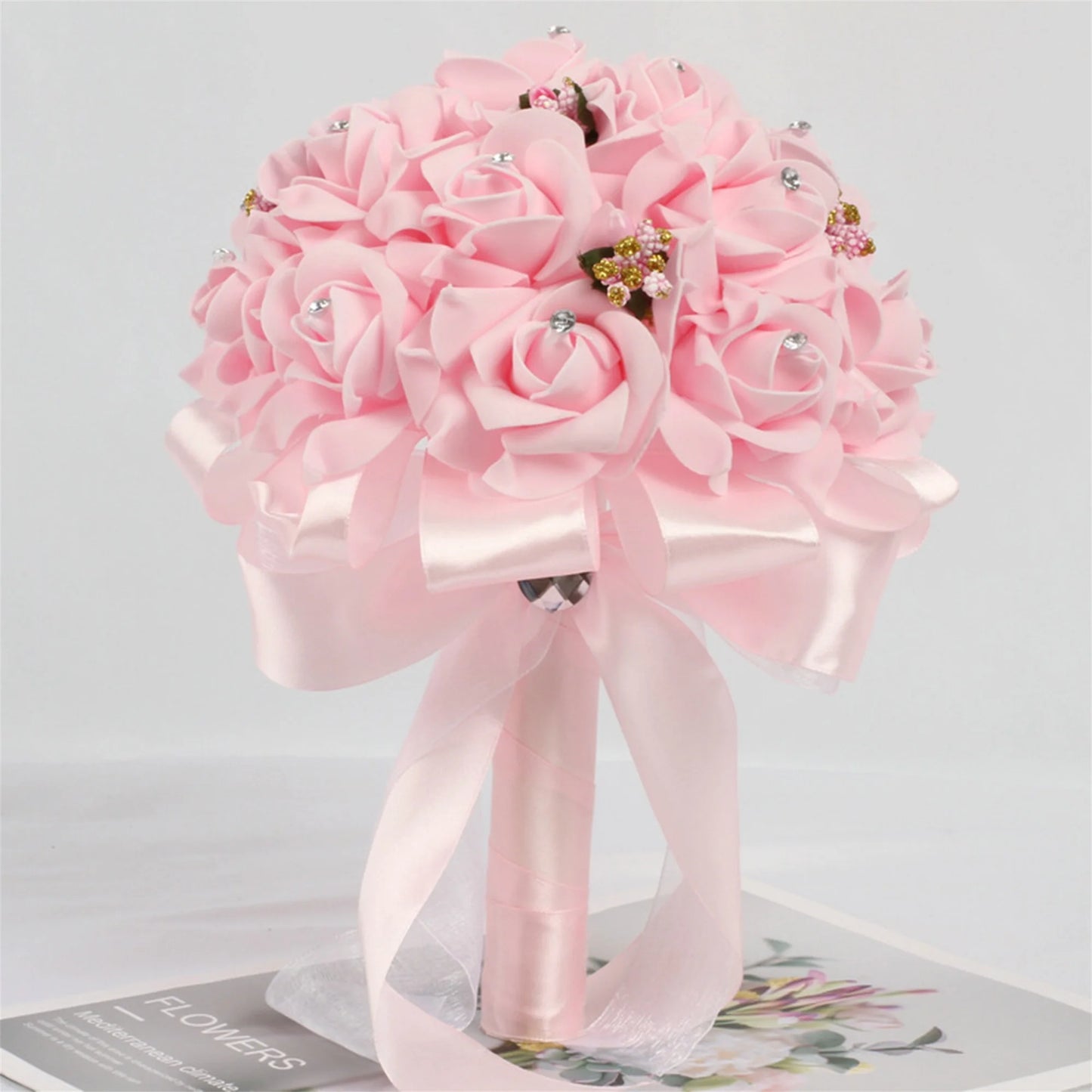 Elegant Crystal Pearl Bridal Bouquet with Satin Ribbons and Rhinestone Accents for Wedding Ceremony Decorations and Photo Booth