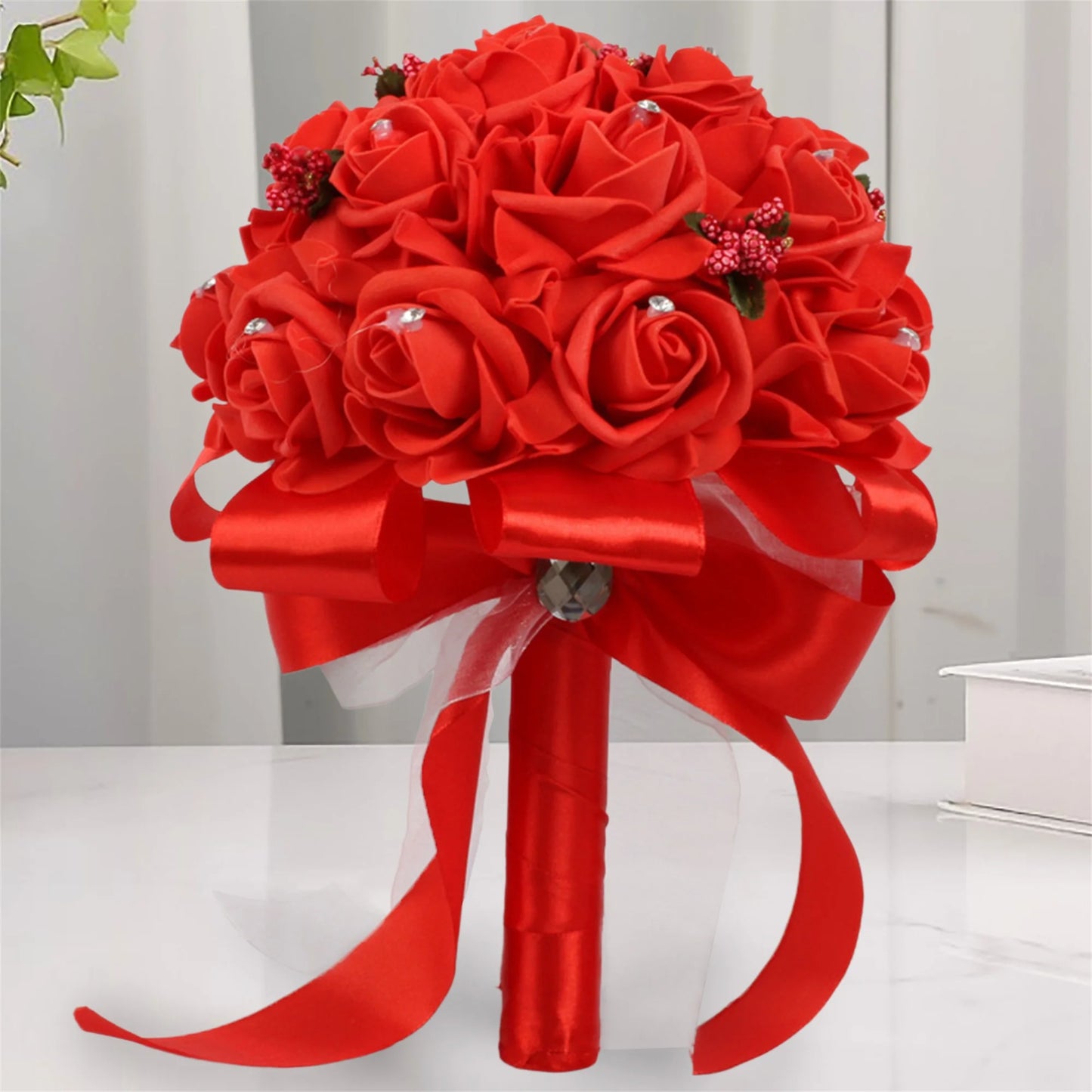 Elegant Crystal Pearl Bridal Bouquet with Satin Ribbons and Rhinestone Accents for Wedding Ceremony Decorations and Photo Booth