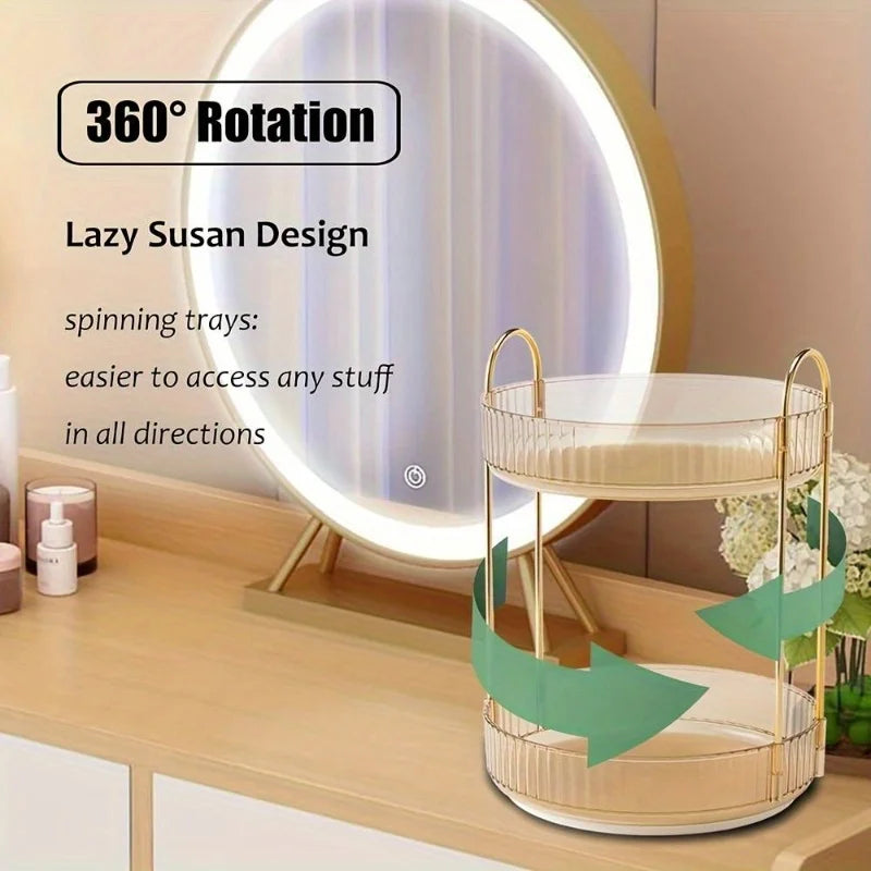 Sleek 2-Tier Rotating Makeup Organizer, Plastic Vanity Tray with Golden Accents, Perfect for Bathroom Cabinets & Desk Storage