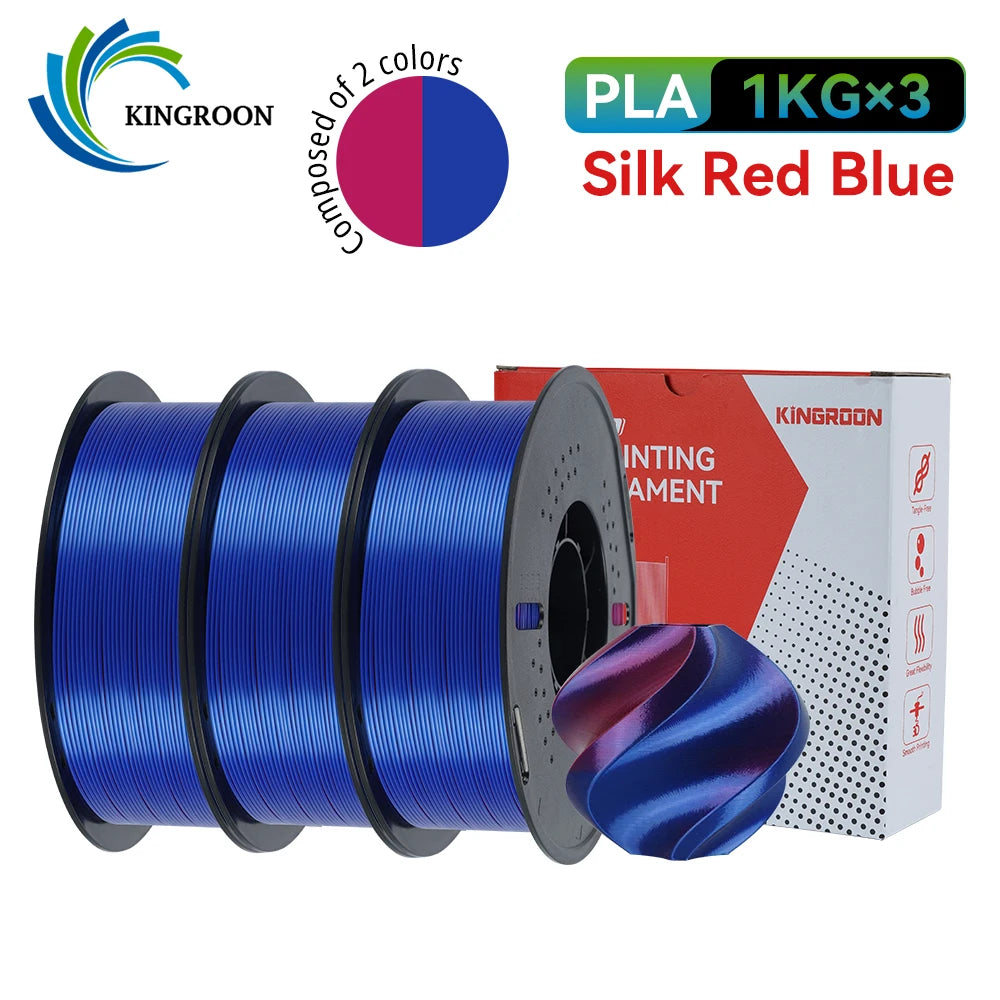 KINGROON 5KG 3KG 1KG PLA Silk 2colors Filament 1.75mm filamentos para impresora 3D High Gloss Finish Vibrant & Shiny Tangle-Free