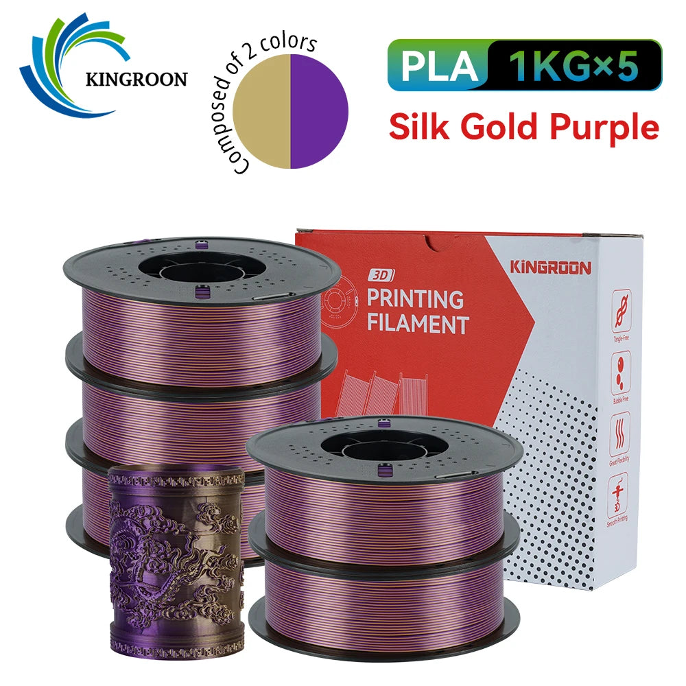 KINGROON 5KG 3KG 1KG PLA Silk 2colors Filament 1.75mm filamentos para impresora 3D High Gloss Finish Vibrant & Shiny Tangle-Free