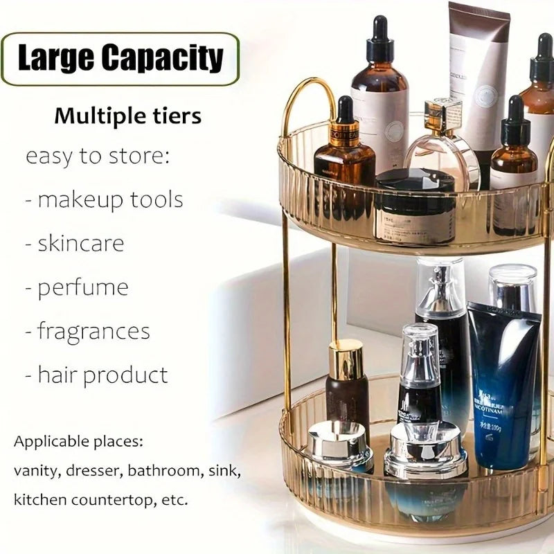Sleek 2-Tier Rotating Makeup Organizer, Plastic Vanity Tray with Golden Accents, Perfect for Bathroom Cabinets & Desk Storage