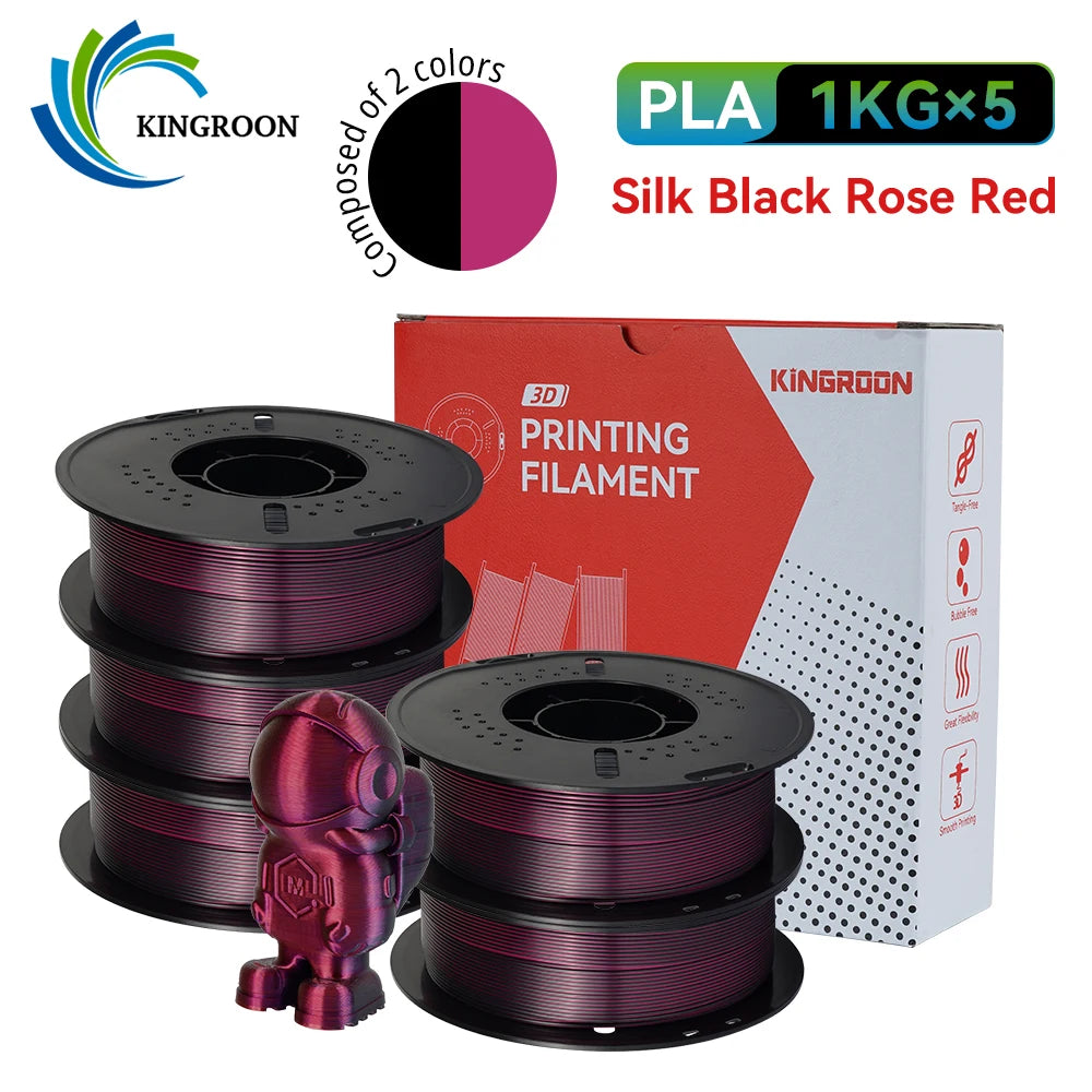 KINGROON 5KG 3KG 1KG PLA Silk 2colors Filament 1.75mm filamentos para impresora 3D High Gloss Finish Vibrant & Shiny Tangle-Free