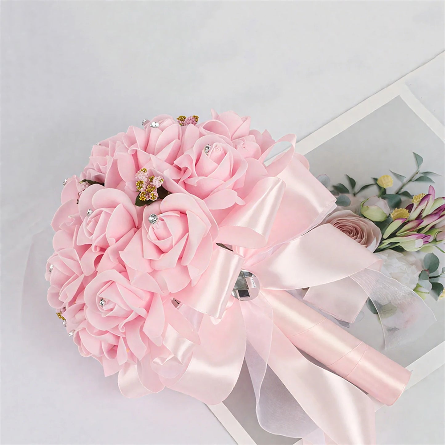 Elegant Crystal Pearl Bridal Bouquet with Satin Ribbons and Rhinestone Accents for Wedding Ceremony Decorations and Photo Booth