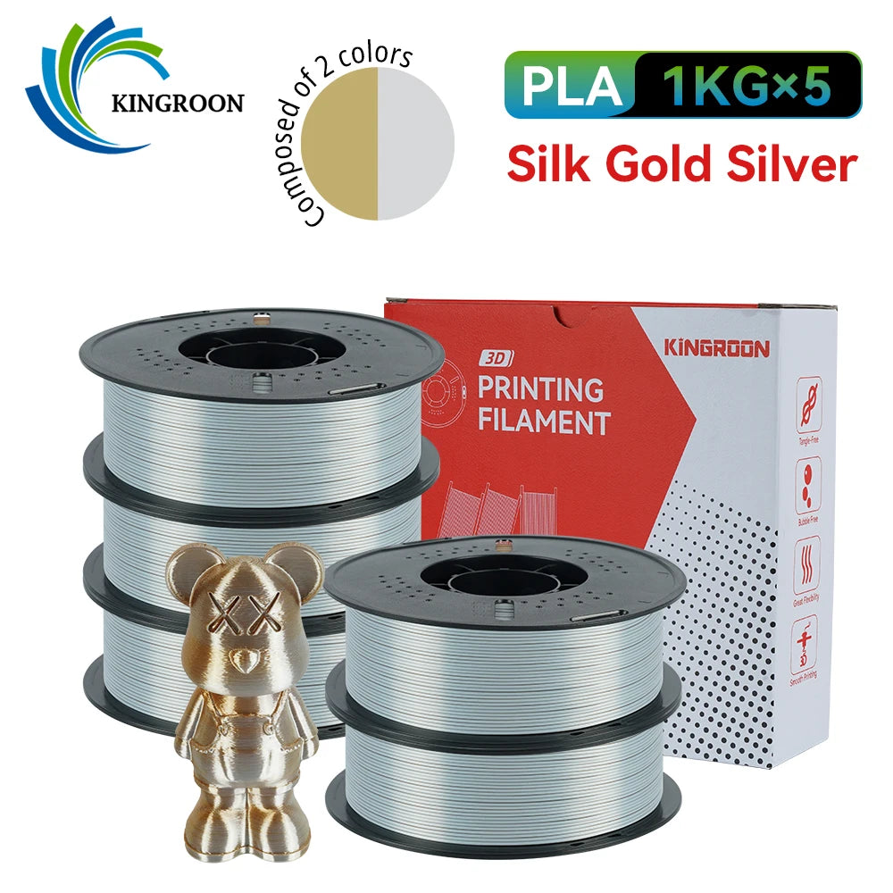 KINGROON 5KG 3KG 1KG PLA Silk 2colors Filament 1.75mm filamentos para impresora 3D High Gloss Finish Vibrant & Shiny Tangle-Free