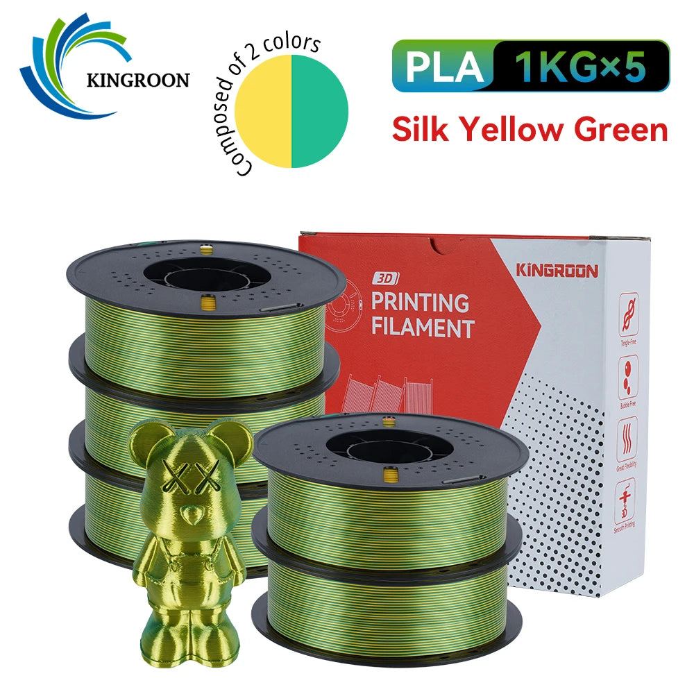 KINGROON 5KG 3KG 1KG PLA Silk 2colors Filament 1.75mm filamentos para impresora 3D High Gloss Finish Vibrant & Shiny Tangle-Free