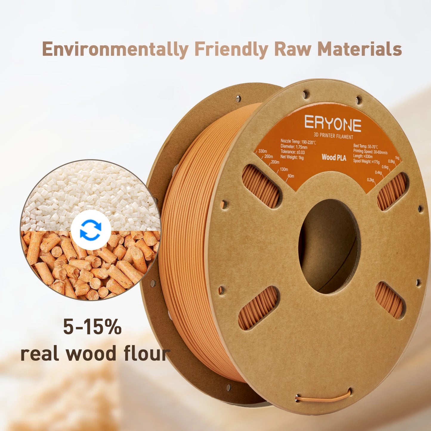 ERYONE 1kg/3KG/10KG Wood PLA Filament 3D Printer PLA Filament 1.75mm +/- 0.03mm, PLA Filament 1KG Cardboard Spool(2.2LBS)