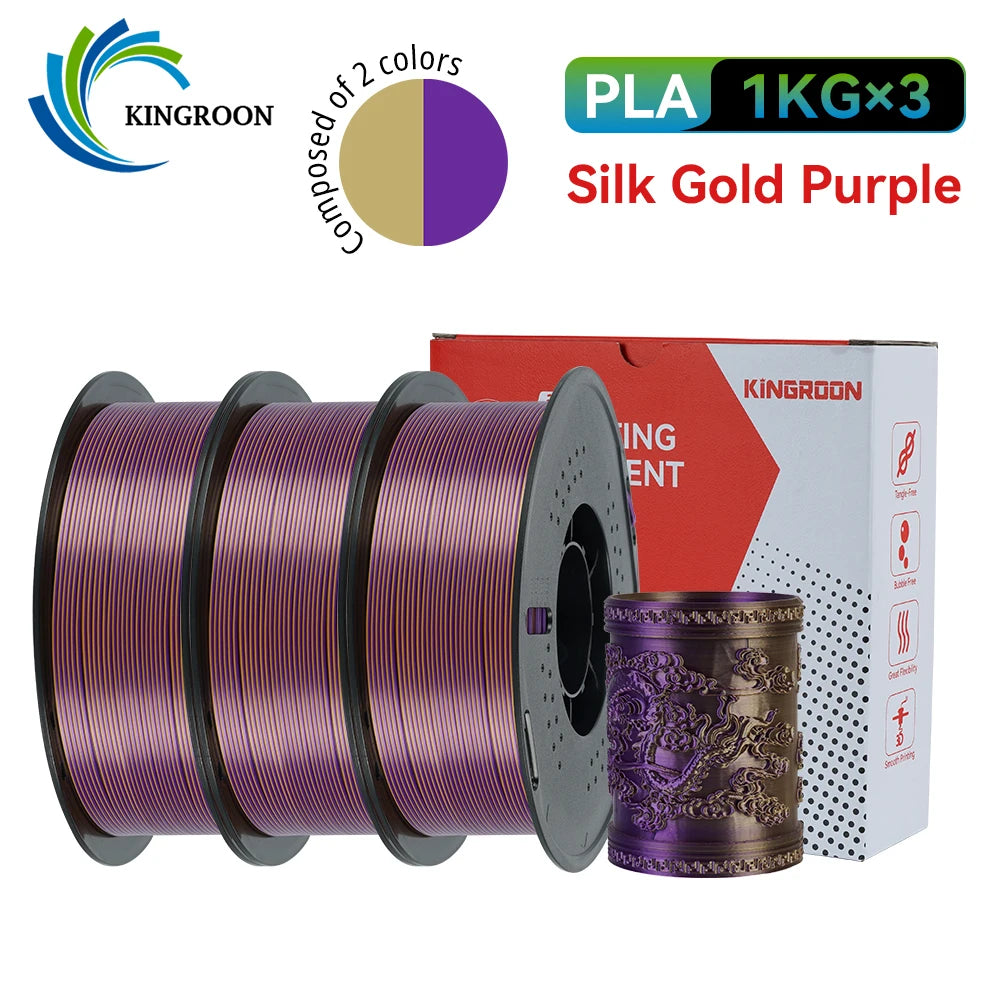 KINGROON 5KG 3KG 1KG PLA Silk 2colors Filament 1.75mm filamentos para impresora 3D High Gloss Finish Vibrant & Shiny Tangle-Free