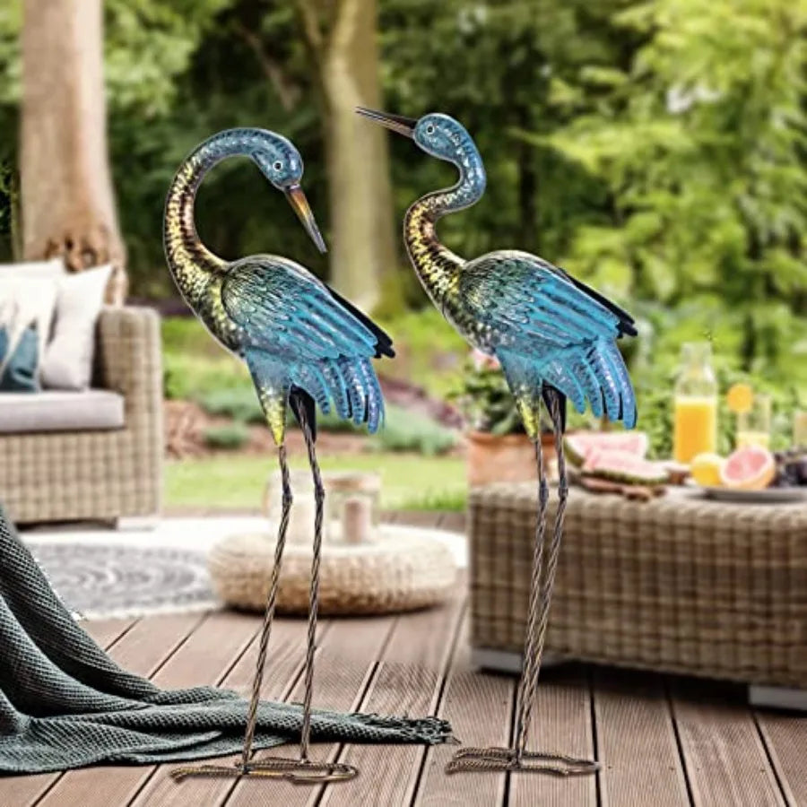 Garden Crane Statues Outdoor, Standing Blue Decoy Sculptures, Metal Bird Yard Art for Lawn Patio Backyard Decoration Set of 2