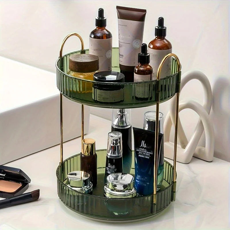 Sleek 2-Tier Rotating Makeup Organizer, Plastic Vanity Tray with Golden Accents, Perfect for Bathroom Cabinets & Desk Storage