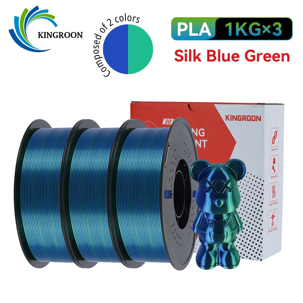 KINGROON 5KG 3KG 1KG PLA Silk 2colors Filament 1.75mm filamentos para impresora 3D High Gloss Finish Vibrant & Shiny Tangle-Free