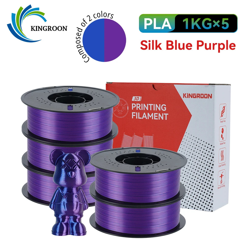 KINGROON 5KG 3KG 1KG PLA Silk 2colors Filament 1.75mm filamentos para impresora 3D High Gloss Finish Vibrant & Shiny Tangle-Free