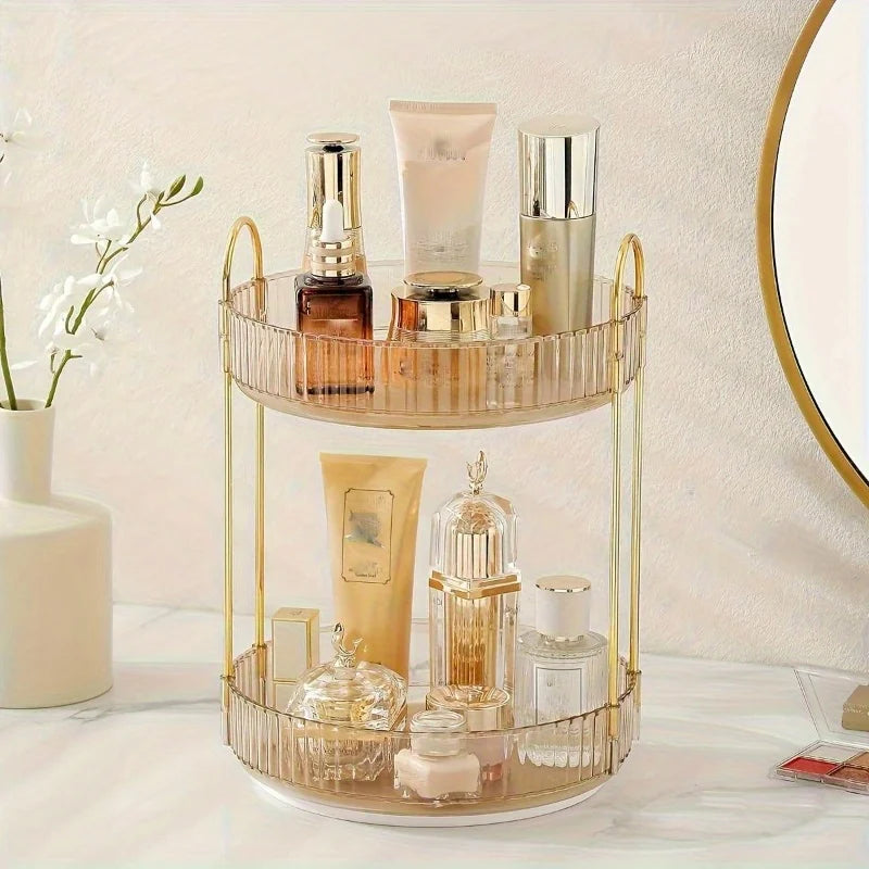Sleek 2-Tier Rotating Makeup Organizer, Plastic Vanity Tray with Golden Accents, Perfect for Bathroom Cabinets & Desk Storage