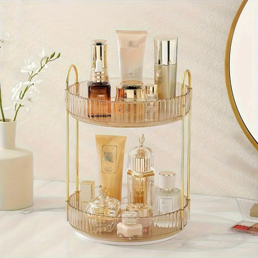 Sleek 2-Tier Rotating Makeup Organizer, Plastic Vanity Tray with Golden Accents, Perfect for Bathroom Cabinets & Desk Storage