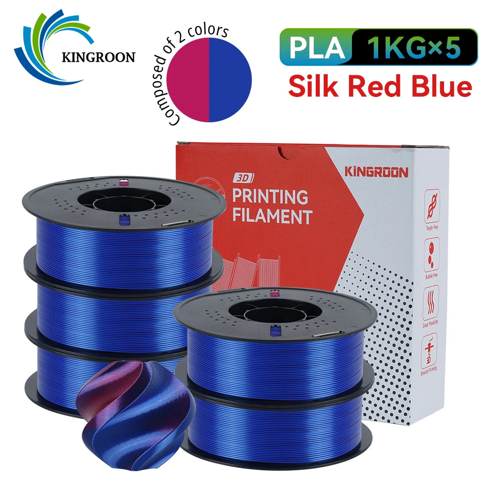 KINGROON 5KG 3KG 1KG PLA Silk 2colors Filament 1.75mm filamentos para impresora 3D High Gloss Finish Vibrant & Shiny Tangle-Free