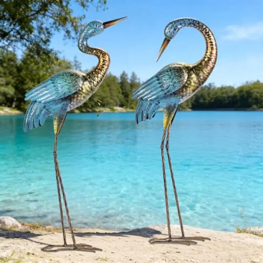 Garden Crane Statues Outdoor, Standing Blue Decoy Sculptures, Metal Bird Yard Art for Lawn Patio Backyard Decoration Set of 2