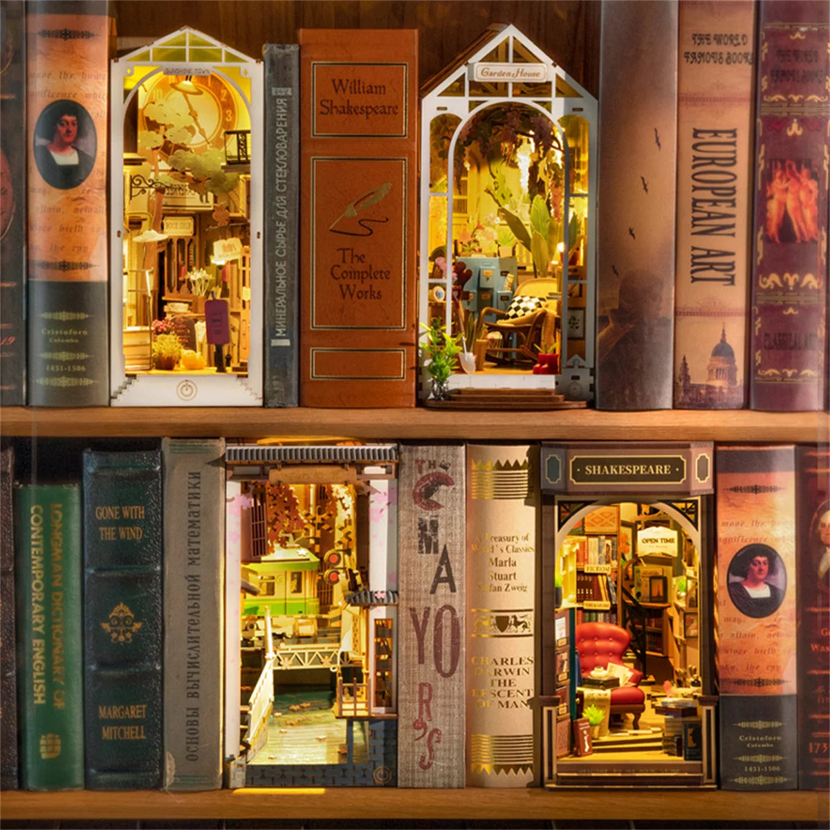 Robotime Rolife Bookstore Book Nook Bookend Model Kit with LED Light DIY Miniature House Kit for Bookshelf Decor - TGB07