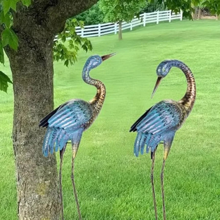 Garden Crane Statues Outdoor, Standing Blue Decoy Sculptures, Metal Bird Yard Art for Lawn Patio Backyard Decoration Set of 2